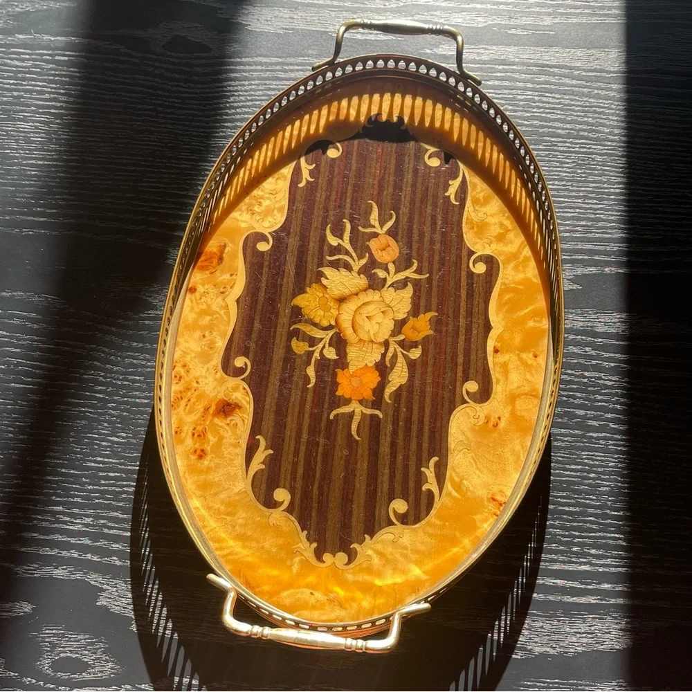 Monumental Italian Marquetry Inlay Serving Tray Oval from Jerusalem